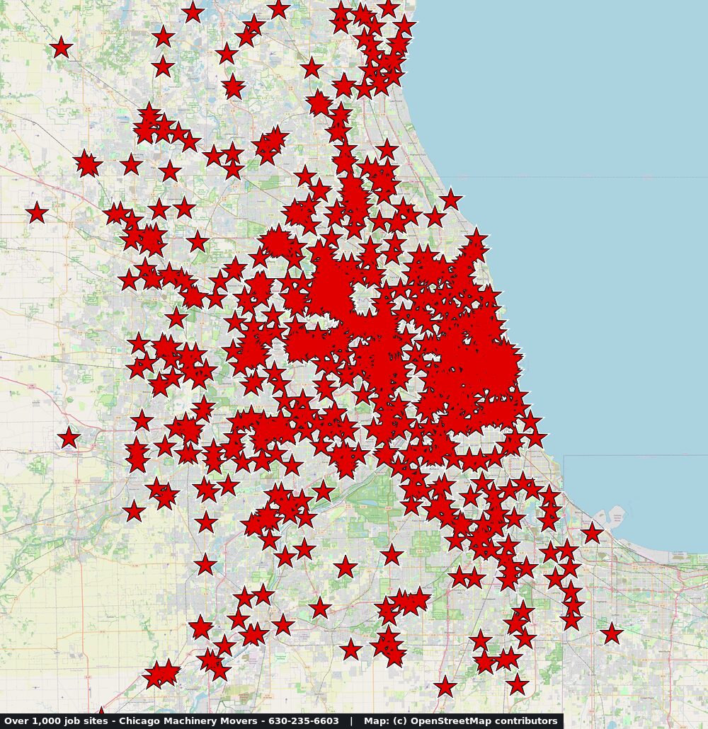 Map of Chicagoland with a red star on each of over 1,000 machinery moving, rigging and scrap machinery removal job sites worked by Chicago Machinery Movers between 2007 and 2026, from Waukegan and Woodstock south to Joliet and east into northwest Indiana
