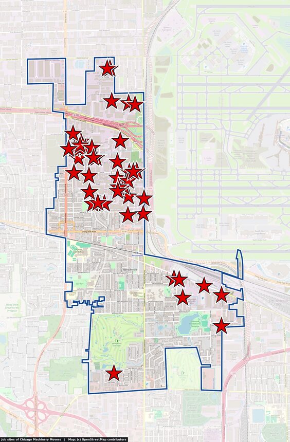 Map of Bensenville, IL with red stars marking machinery moving and removal job sites of Chicago Machinery Movers