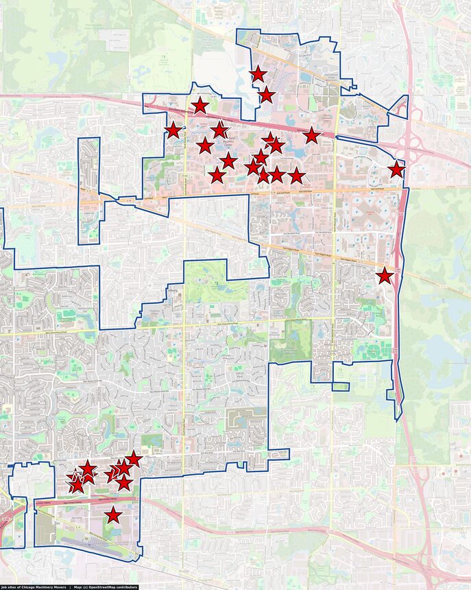 Map of Schaumburg, IL with red stars marking machinery moving and removal job sites of Chicago Machinery Movers